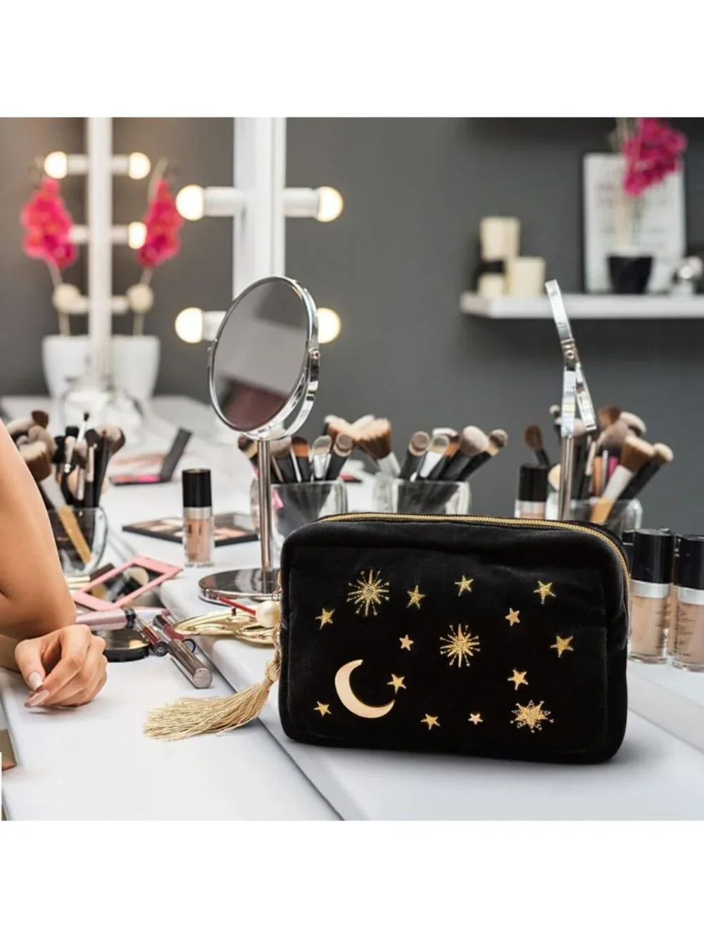 Navy Velvet Starry Makeup Bag with Tassels & Pearl Zipper - Cosmetic Storage